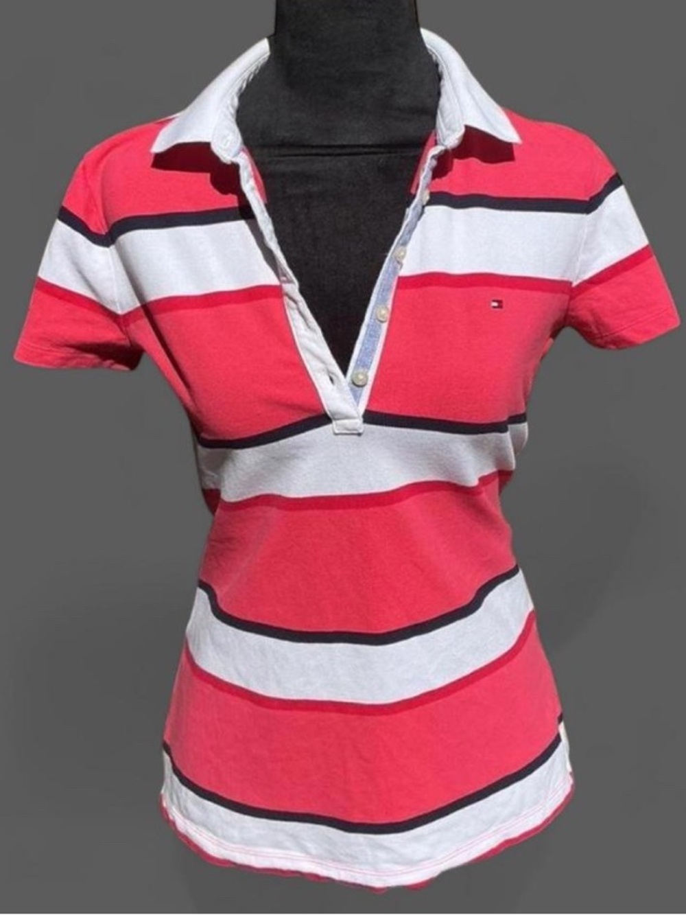 Retro Preppy Tommy Hilfiger Striped Polo Shirt in Pink, Blue, Red, and White - Picture 2 of 6
